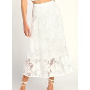 LULU'S sz S Certainly Stylish White Burnout Floral Ruffle Midi Skirt NEW B53